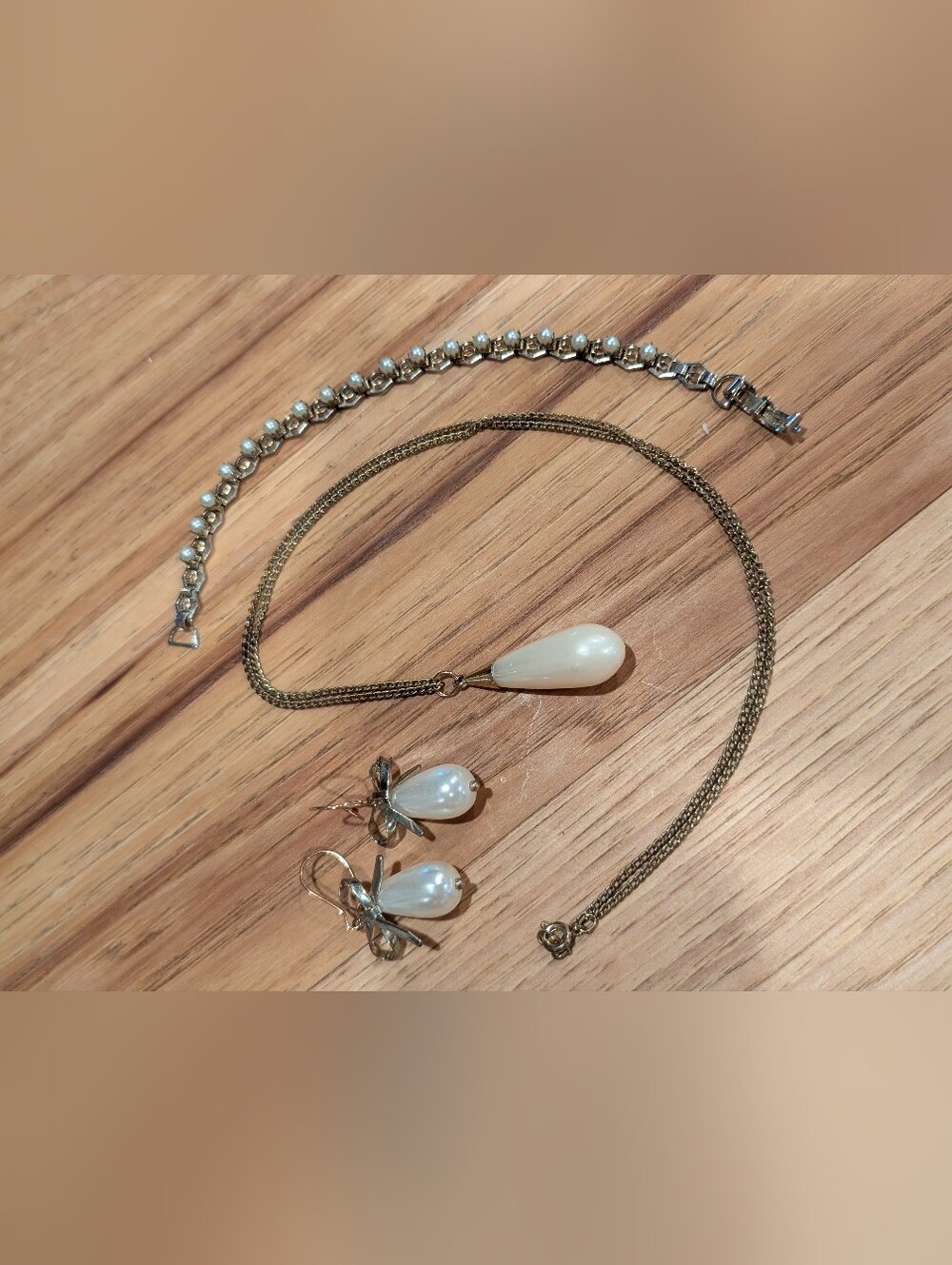 Gold-Tone Pearl Teardrop Necklace and Earrings Set